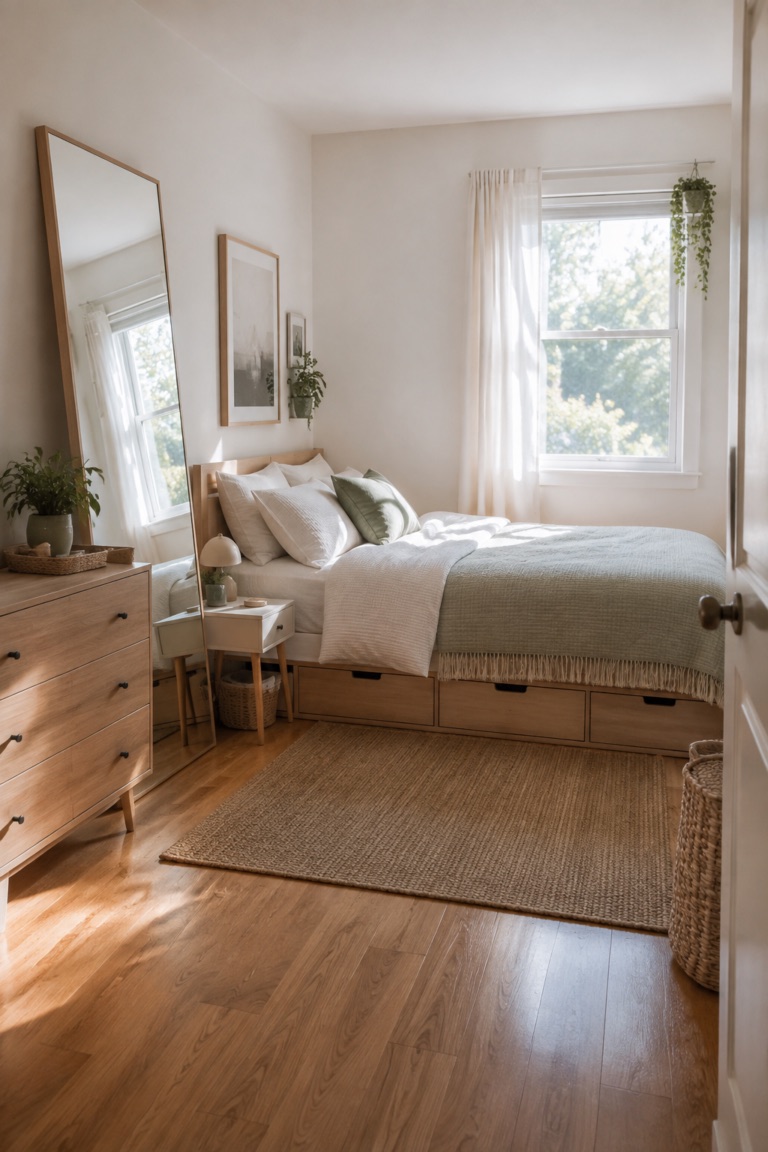 Small bedroom inspiration with natural wood, soft green bedding, and a compact bedside table
