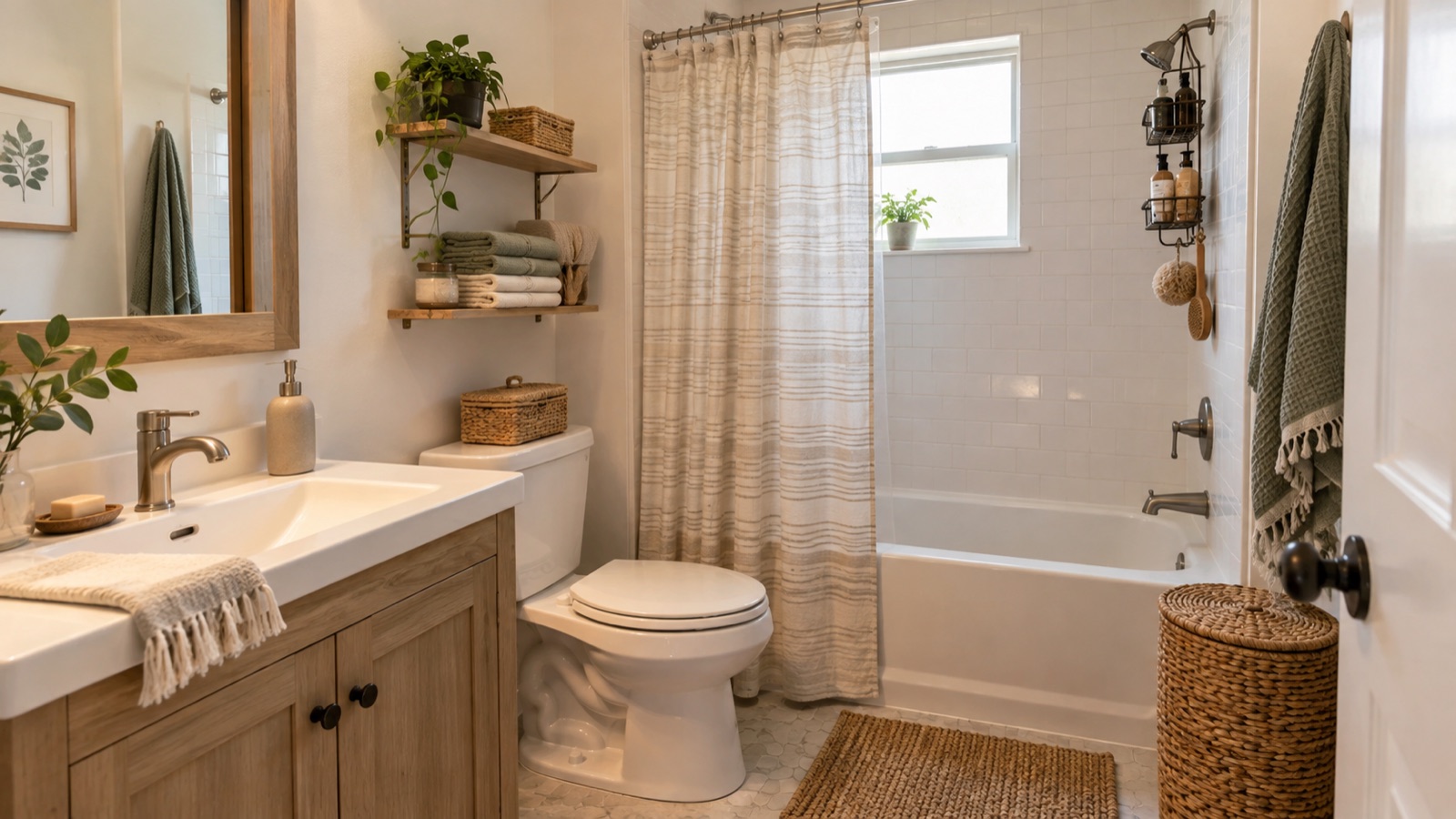 Compact small bathroom with a wooden vanity, open towel shelves, and organized shower storage