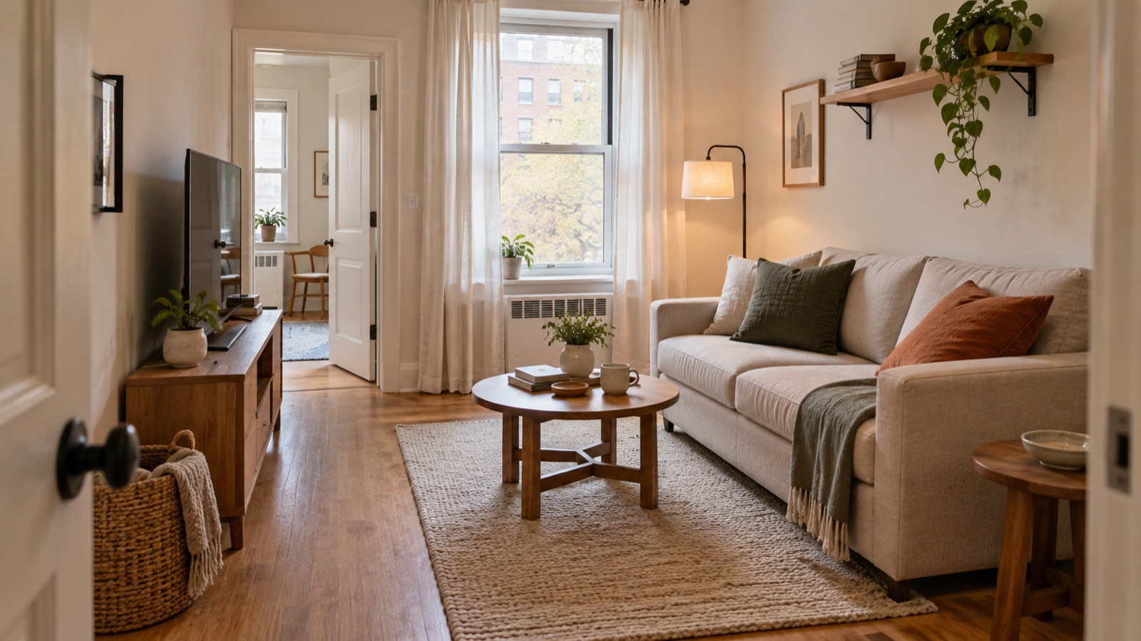Compact living room with a clear walking path, a small sofa, round coffee table, and narrow media console