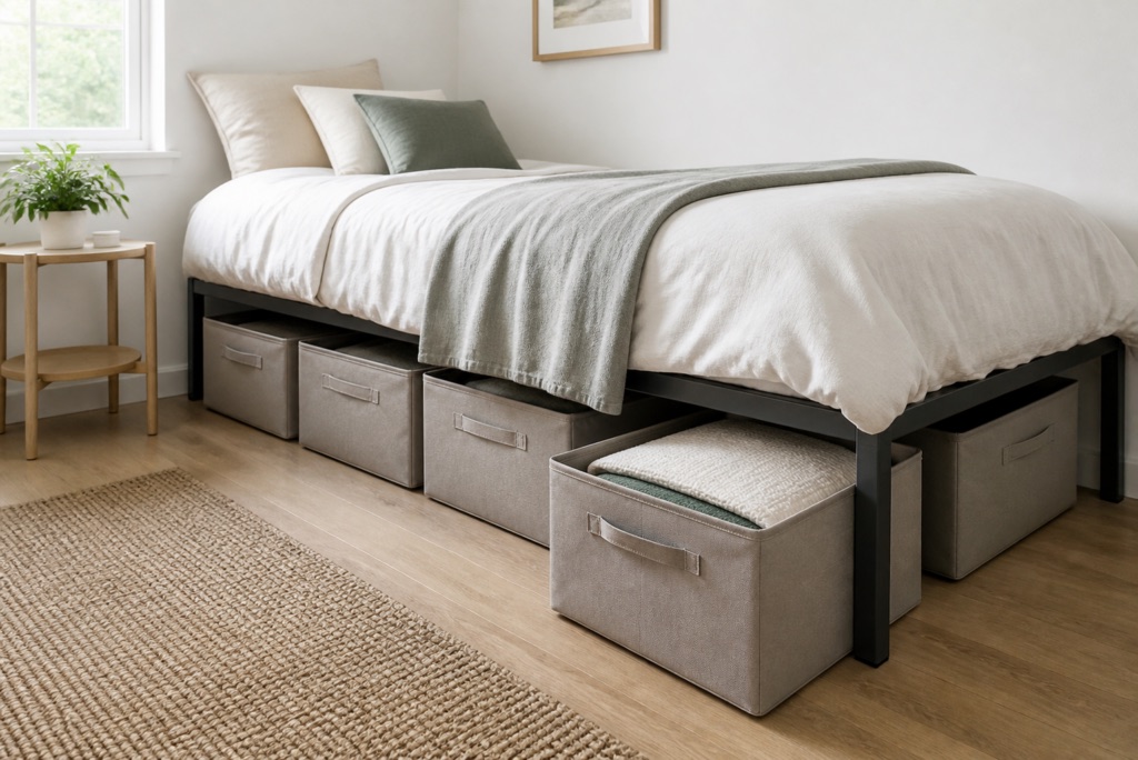 Illustration of fabric storage containers under a wooden bed