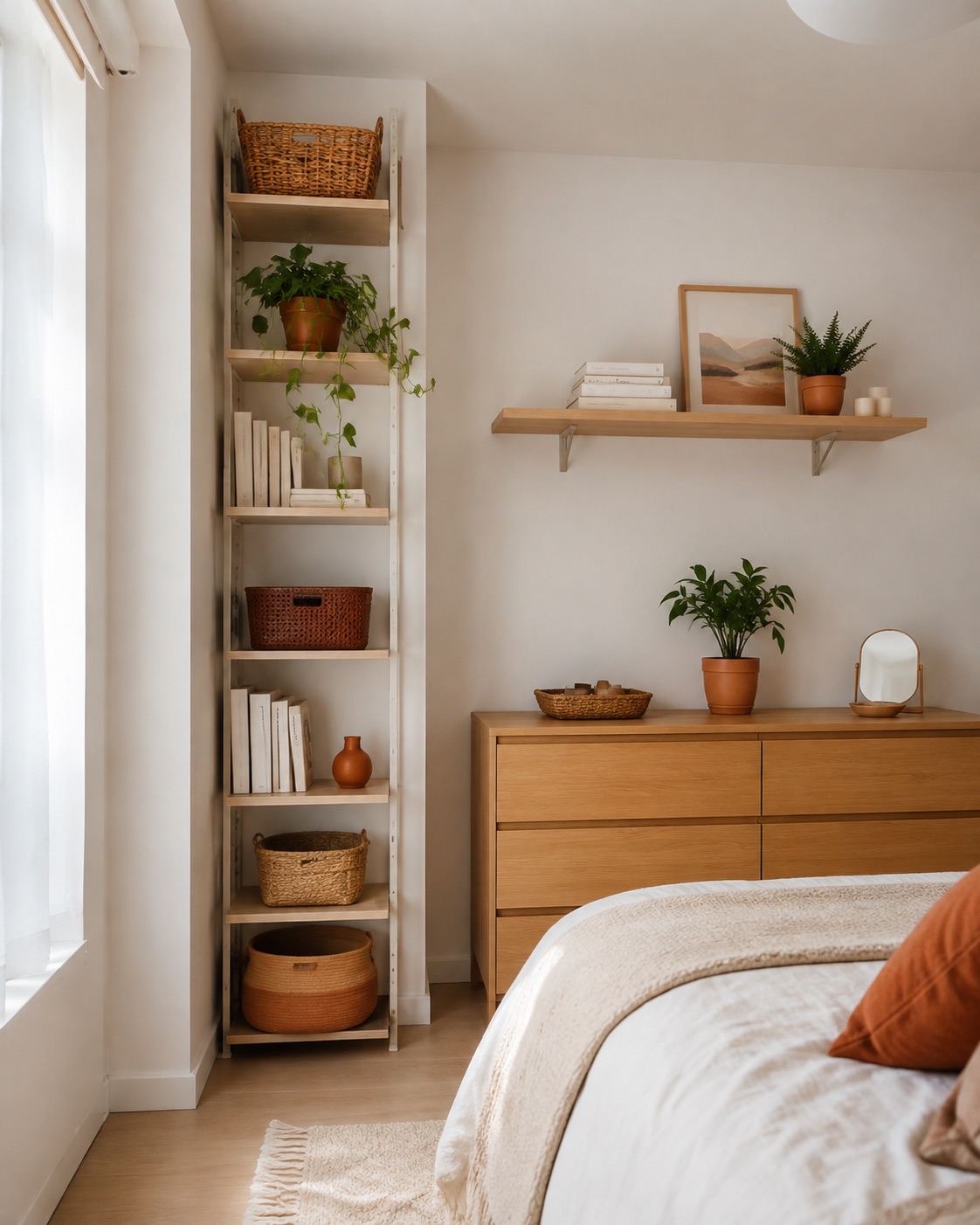 Bedroom inspiration with vertical shelving and a compact dresser
