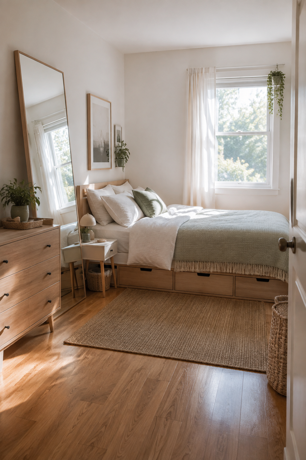 Small bedroom with under-bed drawers, a slim nightstand, a large mirror, and a clear walking path