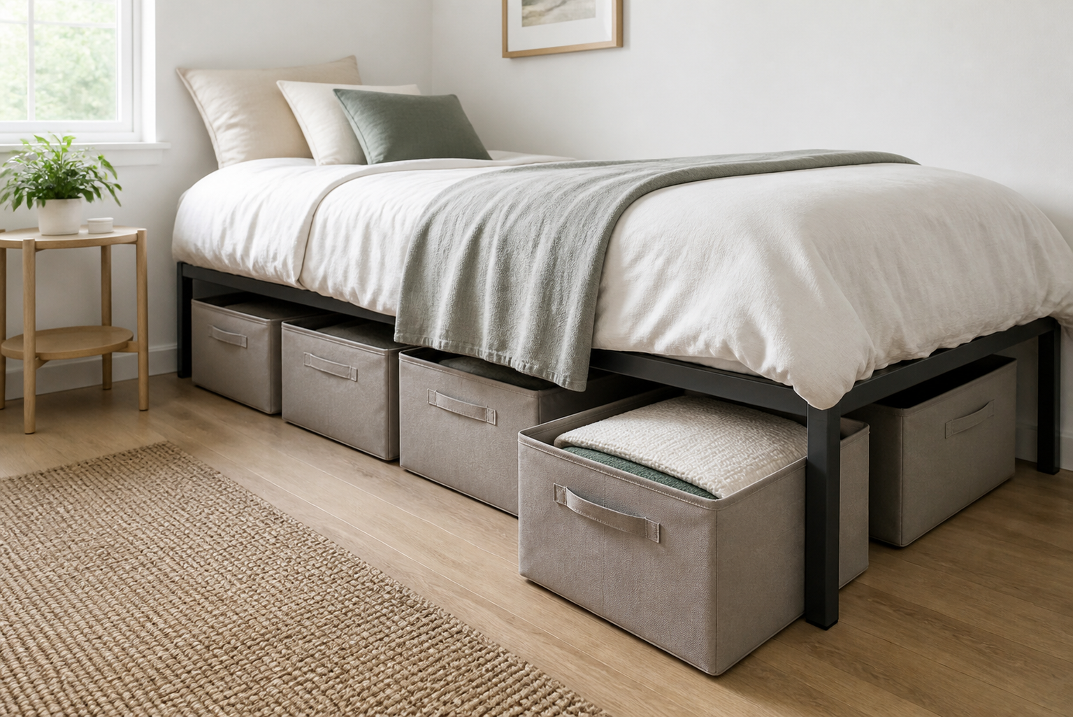 Neutral fabric storage bins arranged beneath a bed, with one pulled out for easy access
