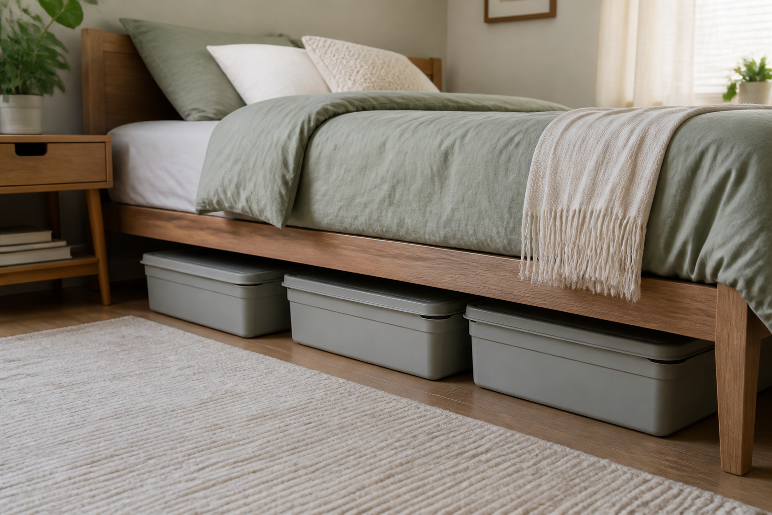 Low-profile storage containers fitting beneath a wooden bed with clear floor access
