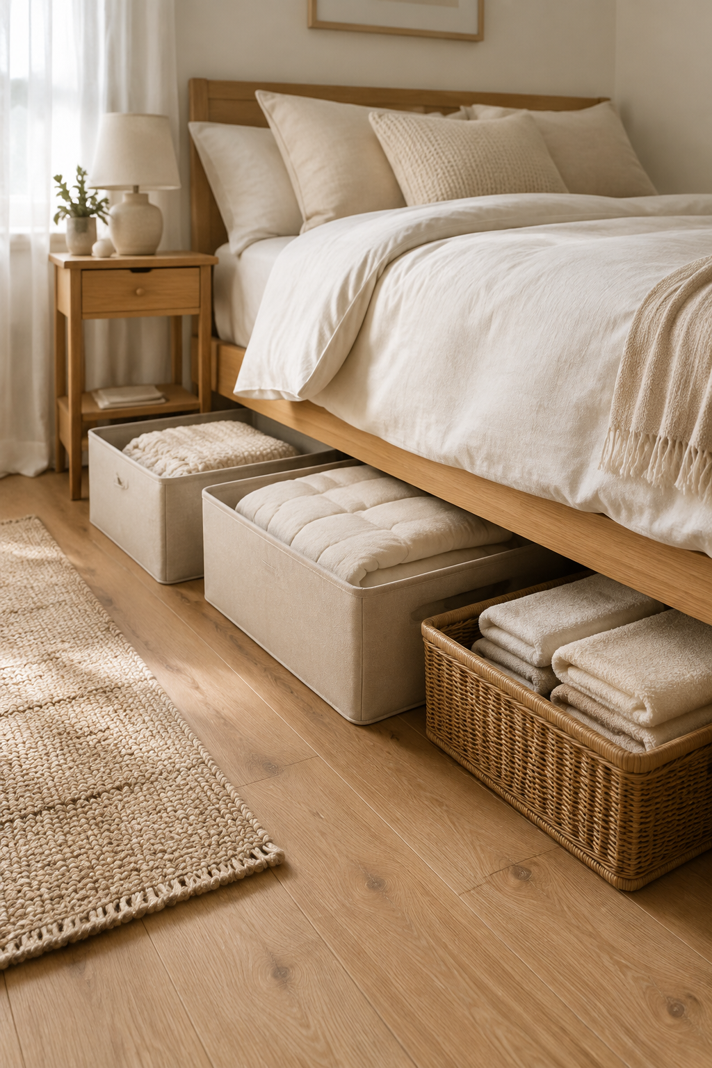 Organized under-bed storage zones with folded linens and an open pull-out path