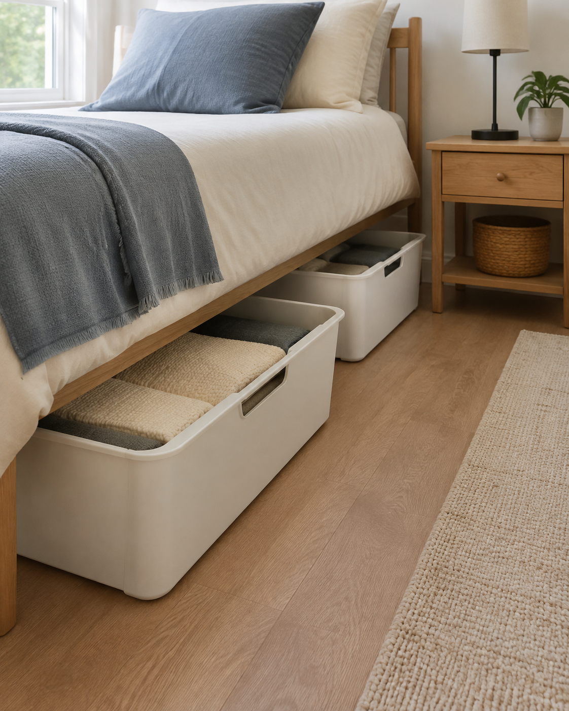 Two low storage bins sliding beneath a bed beside a compact wooden nightstand
